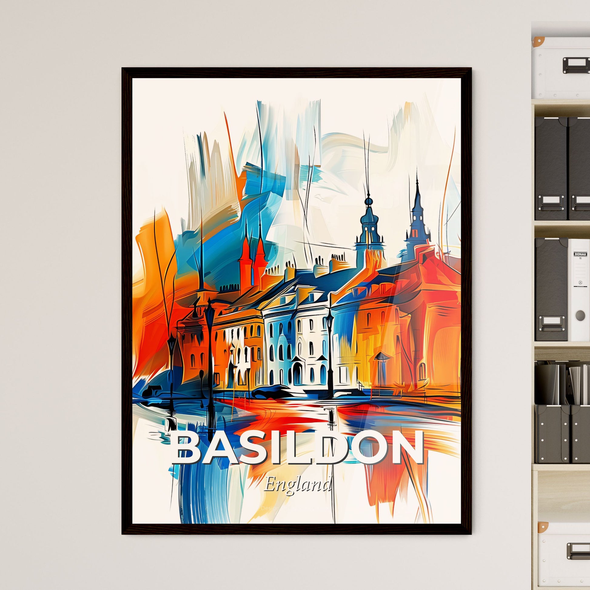 Vibrant Basildon, England - A Colorful Painting Of Buildings And A Body Of Water