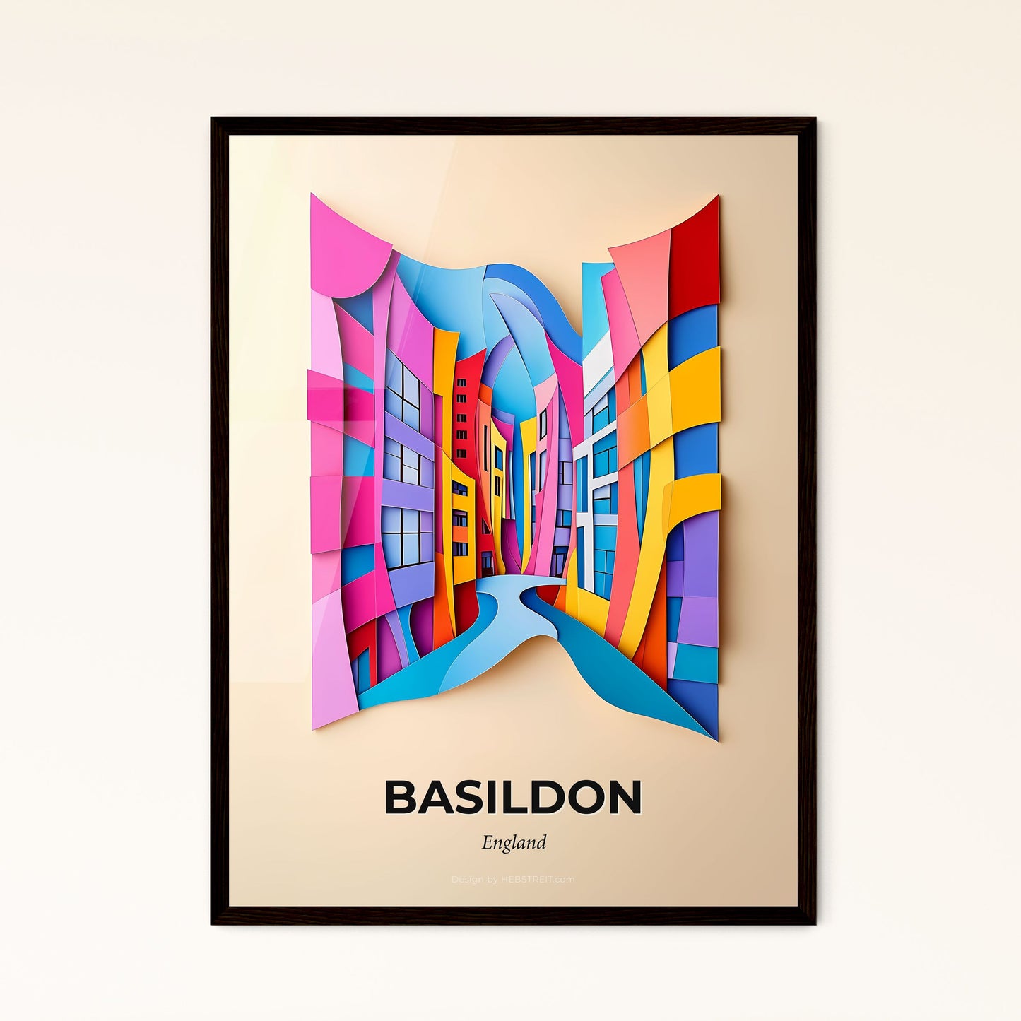 Vivid Basildon, England - a colorful city scene with a river and buildings