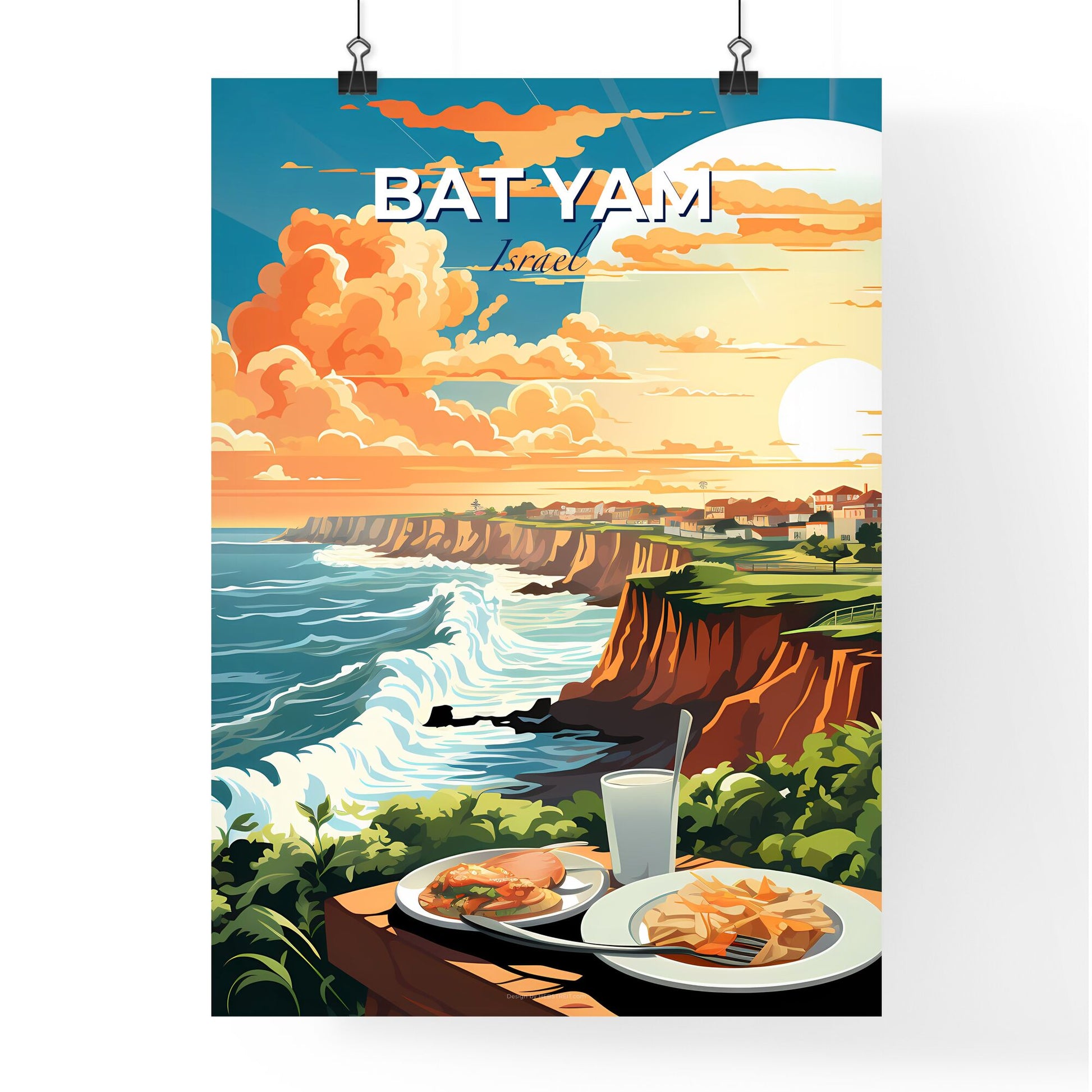 Abstract Painting: Vibrant Bat Yam Israel Skyline Seascape Cliff City Art Default Title