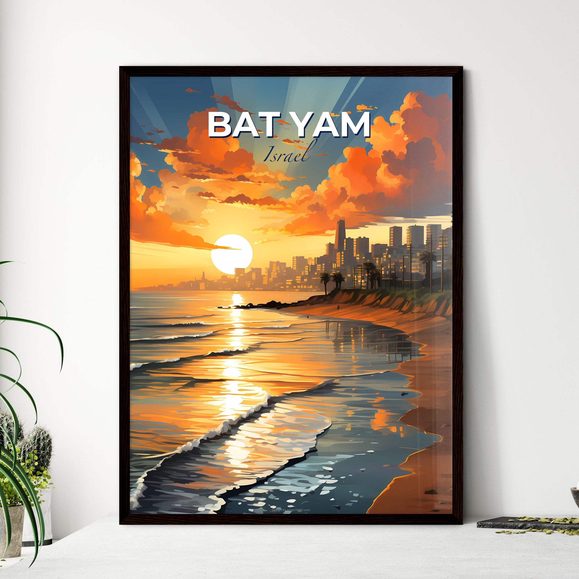 Vibrant Sunset over Bat Yam Skyline, Israel: Beach Scene Painting Default Title