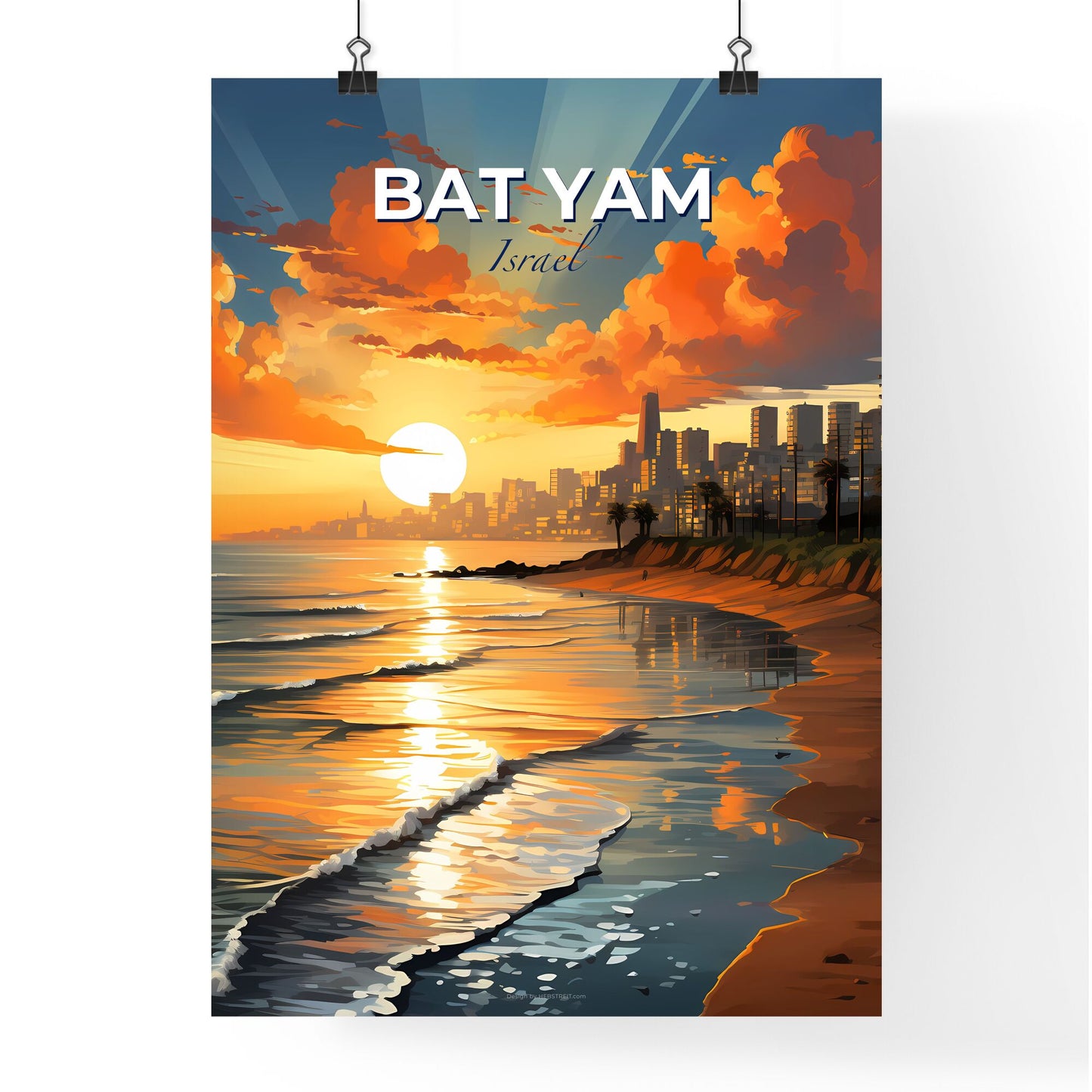 Vibrant Sunset over Bat Yam Skyline, Israel: Beach Scene Painting Default Title