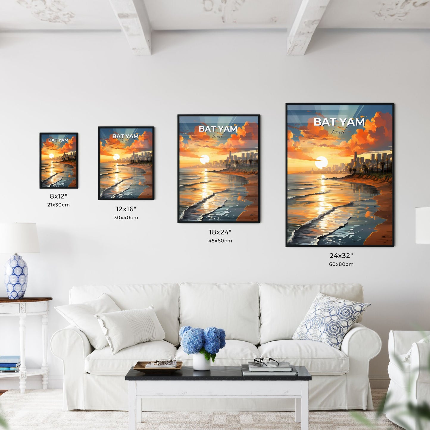 Vibrant Sunset over Bat Yam Skyline, Israel: Beach Scene Painting Default Title