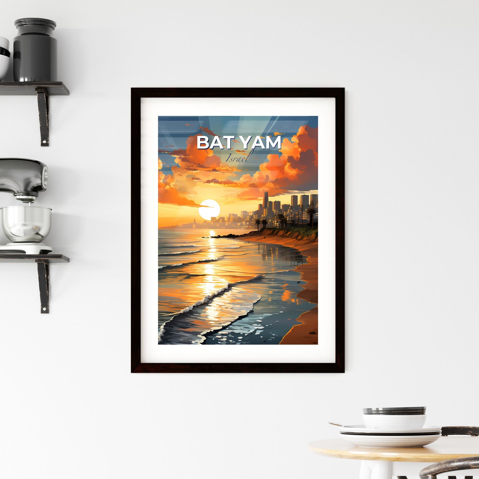 Vibrant Sunset over Bat Yam Skyline, Israel: Beach Scene Painting Default Title