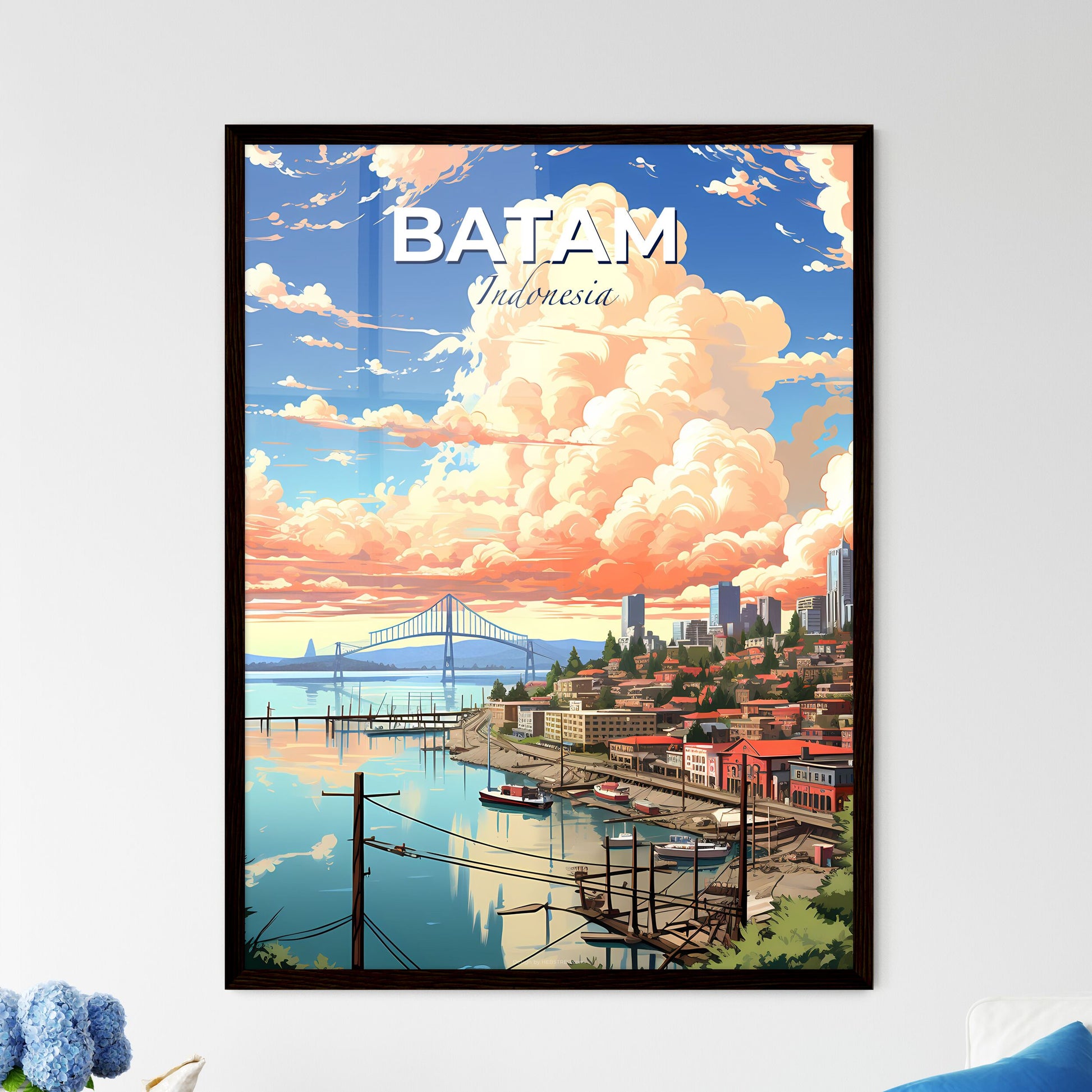 Vibrant City Skyline Painting of Batam Indonesia by the Water Default Title