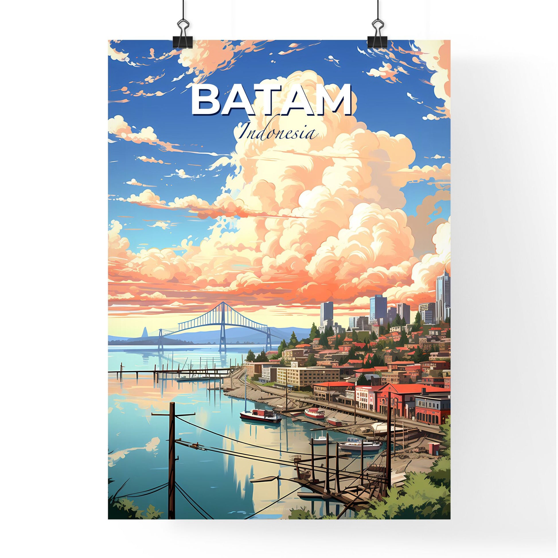 Vibrant City Skyline Painting of Batam Indonesia by the Water Default Title