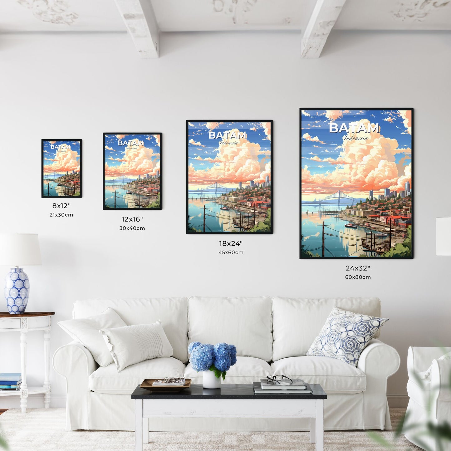 Vibrant City Skyline Painting of Batam Indonesia by the Water Default Title