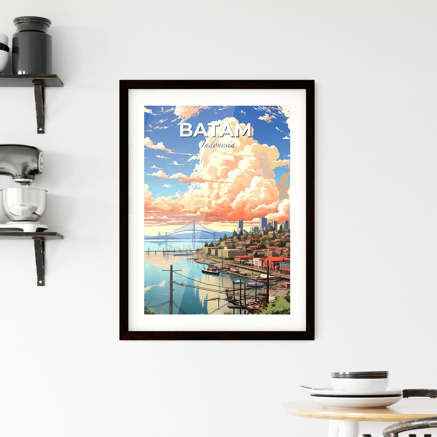 Vibrant City Skyline Painting of Batam Indonesia by the Water Default Title