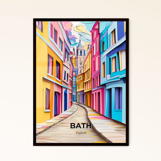 Vivid Bath, England - a painting of a street with a clock tower in the background