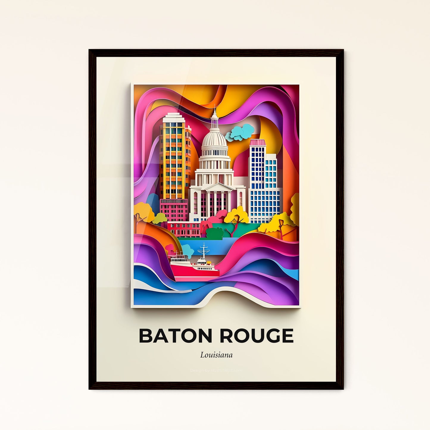 Vivid Baton Rouge, Louisiana - a paper cut of a city with a boat