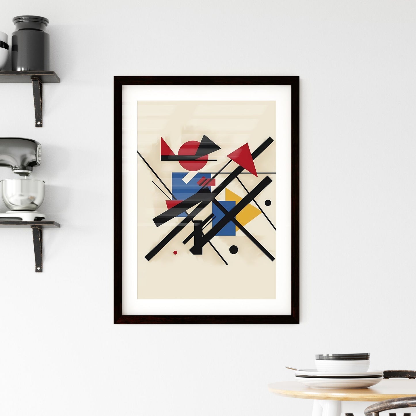 Bauhaus Style Abstract Artwork | Geometric Colorful Painting with Bold Black Lines and Vibrant Red and Blue Squares Default Title