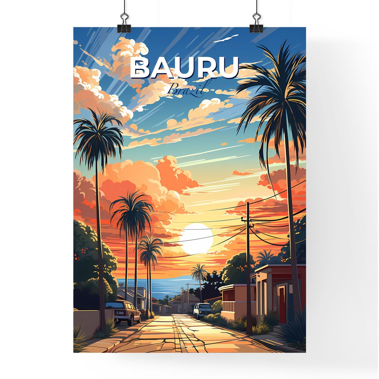 Vibrant Sunset Street Scene, Bauru Brazil City Skyline Buildings Palm Trees Art Painting Default Title