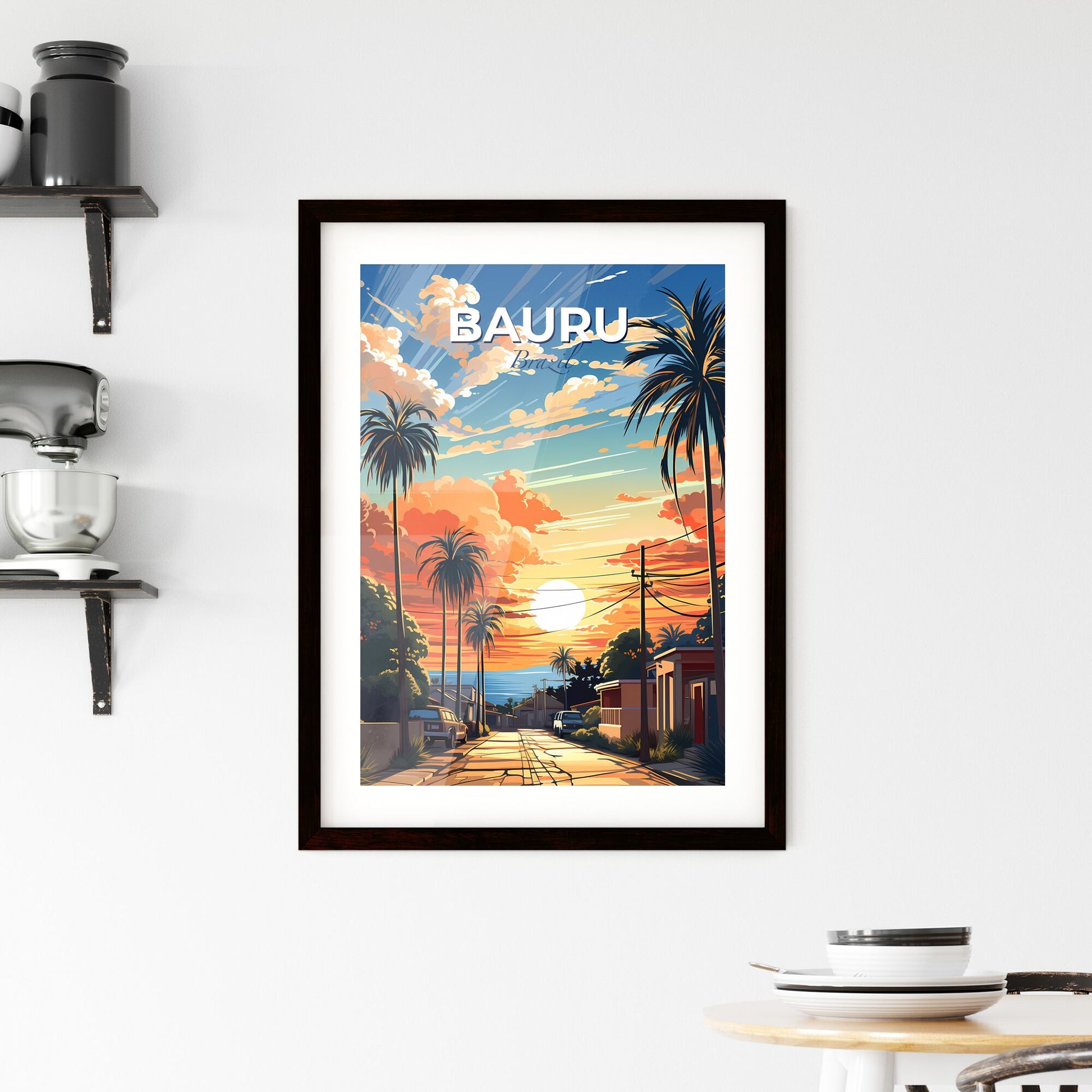 Vibrant Sunset Street Scene, Bauru Brazil City Skyline Buildings Palm Trees Art Painting Default Title