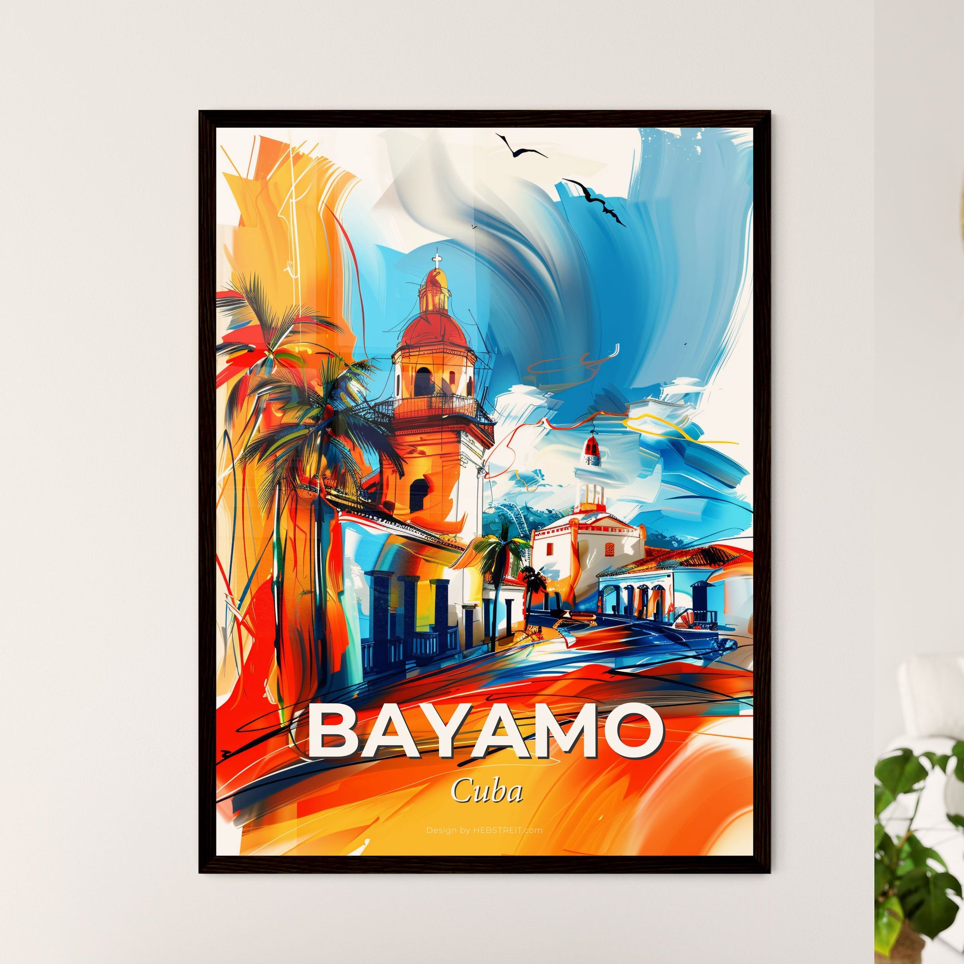 Vibrant Bayamo, Cuba - A Painting Of A Building With Palm Trees