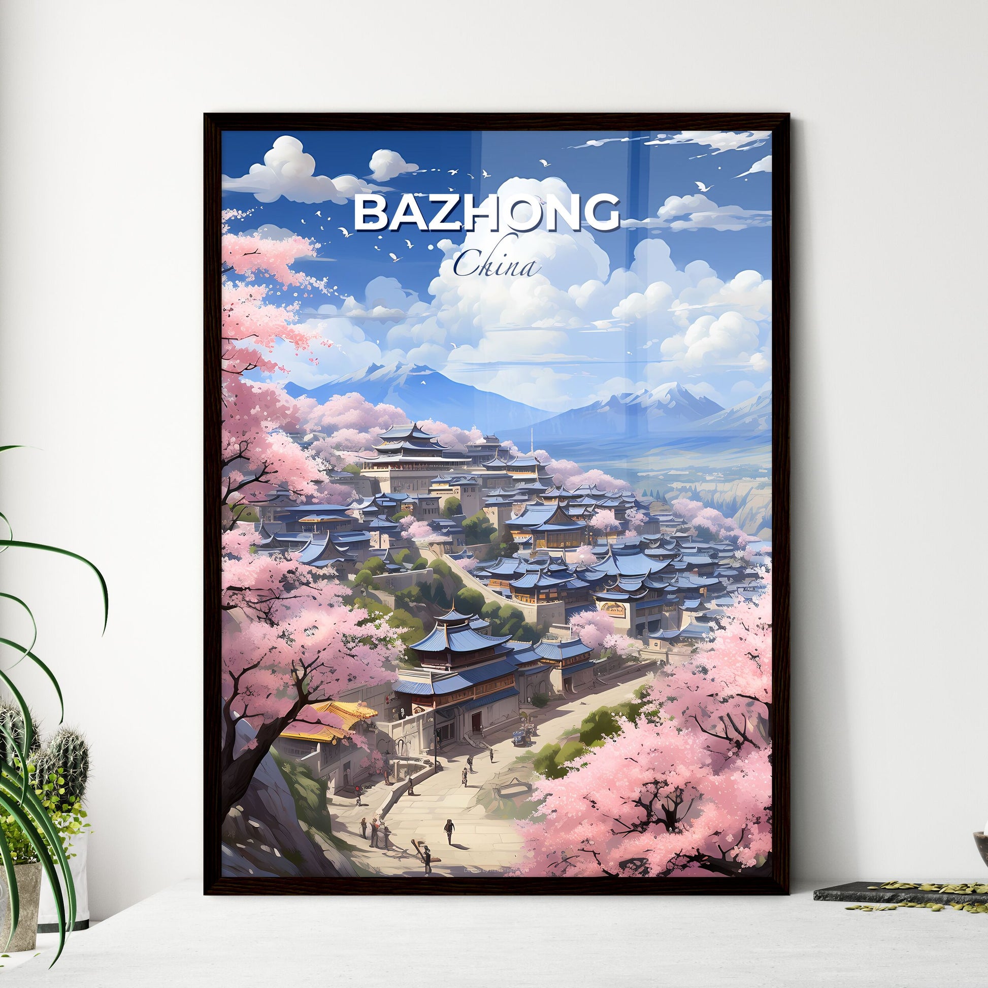 Bazhong Cityscape Skyline Painting with Pink Blossoms Buildings Architecture Default Title