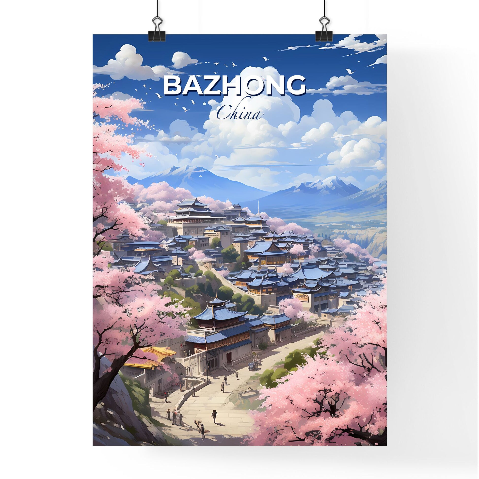 Bazhong Cityscape Skyline Painting with Pink Blossoms Buildings Architecture Default Title