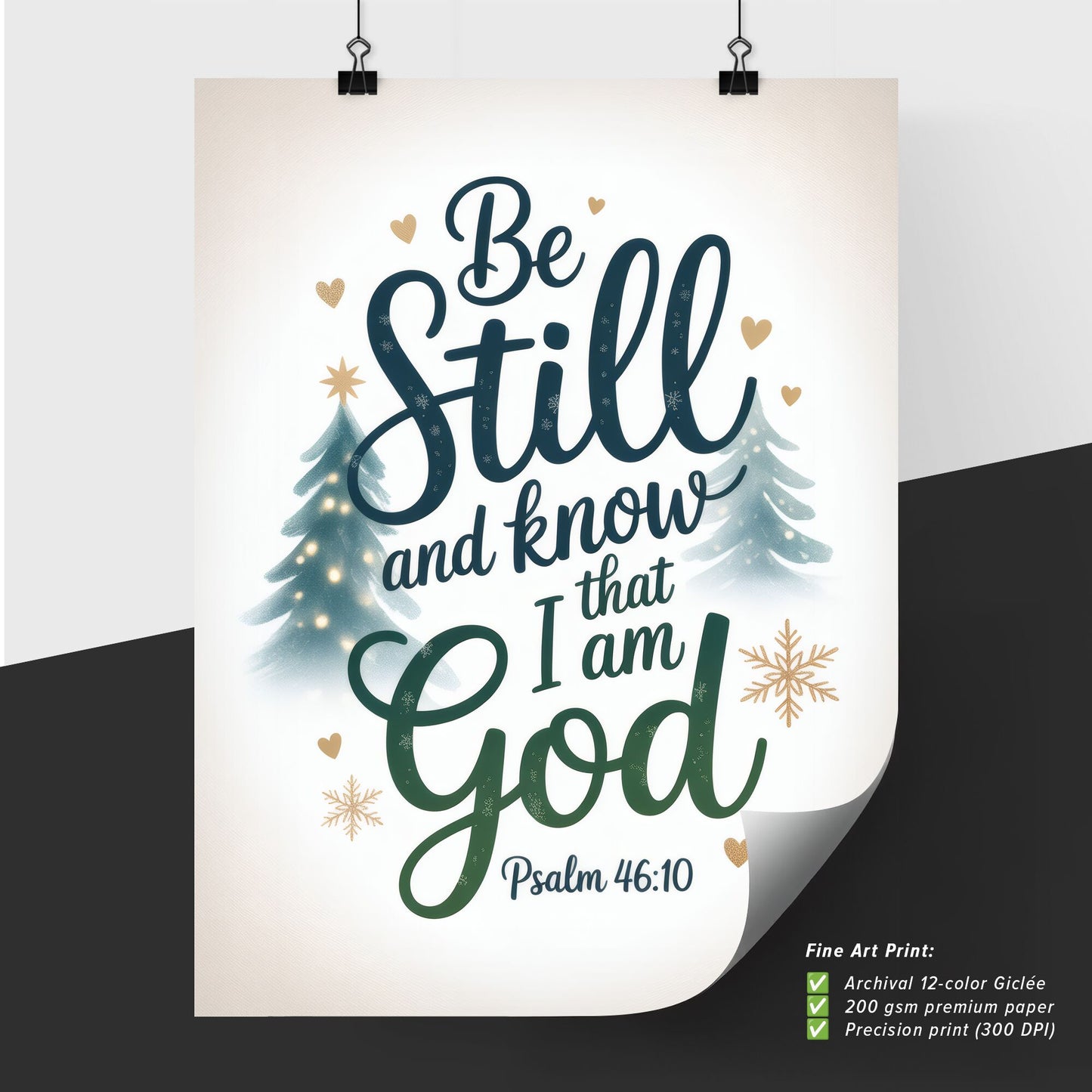 Be Still and Know That I Am God – Inspirational Scripture Art with Winter Theme.
