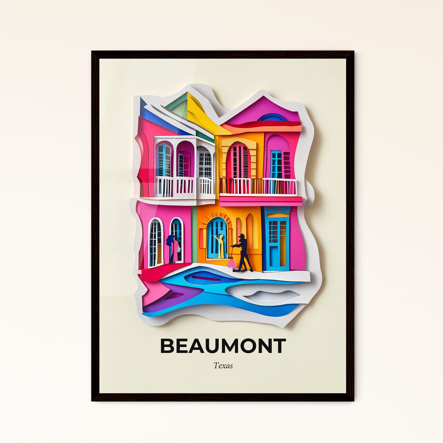 Vivid Beaumont, Texas - a paper cut of a colorful house with a man walking by