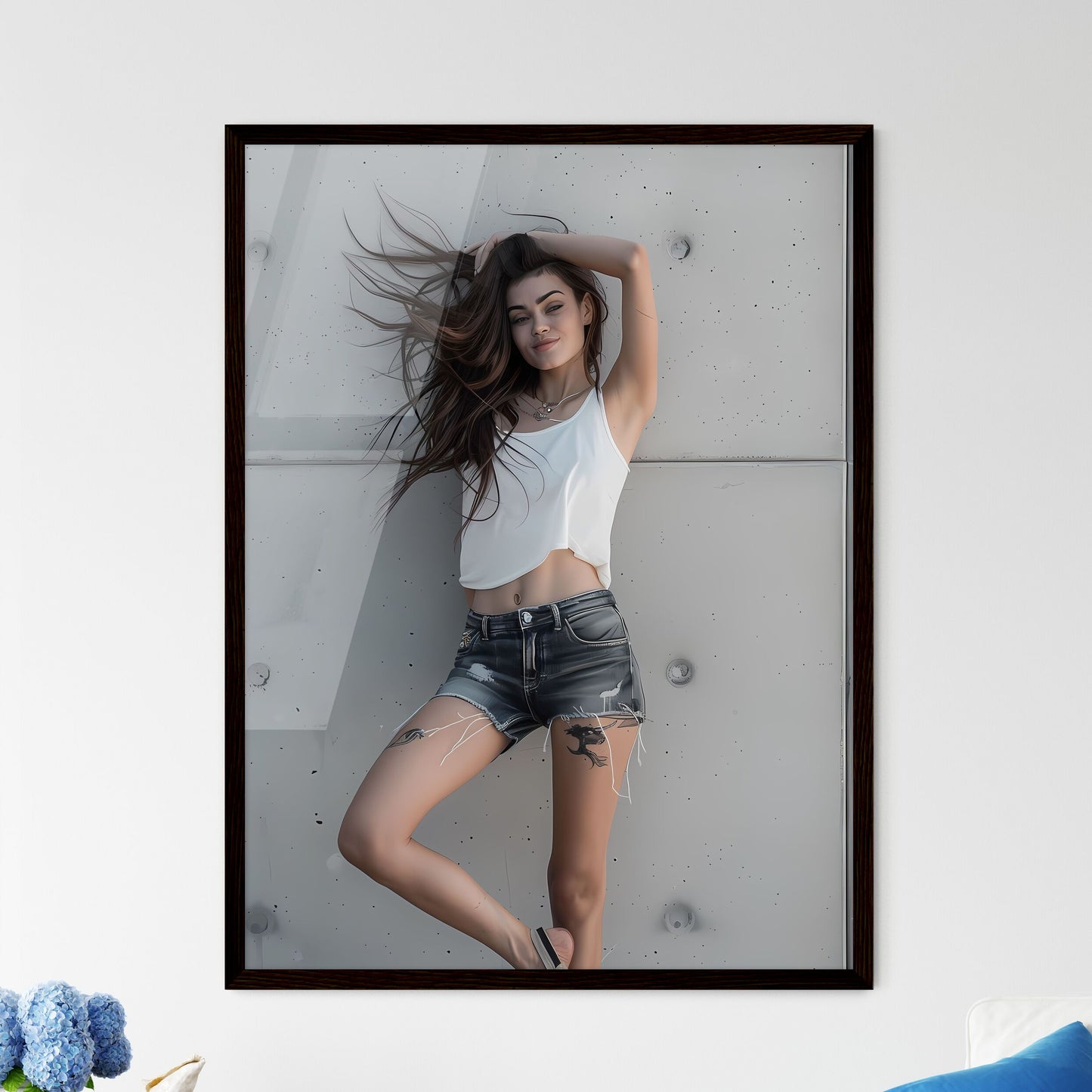 Vibrant painting on canvas with a woman in denim shorts and white tank top posing for a photoshoot art photography stock image Default Title