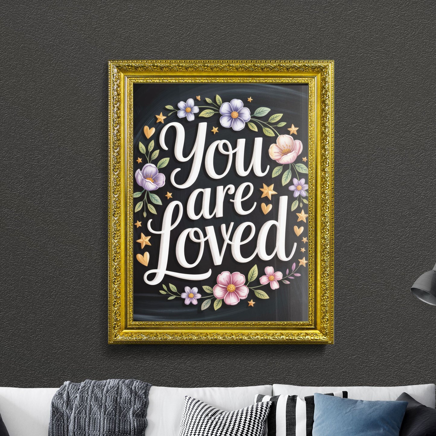 Beautiful Floral Typography Artwork: 'You Are Loved' on a Dark Background for Inspirational Home Decor.