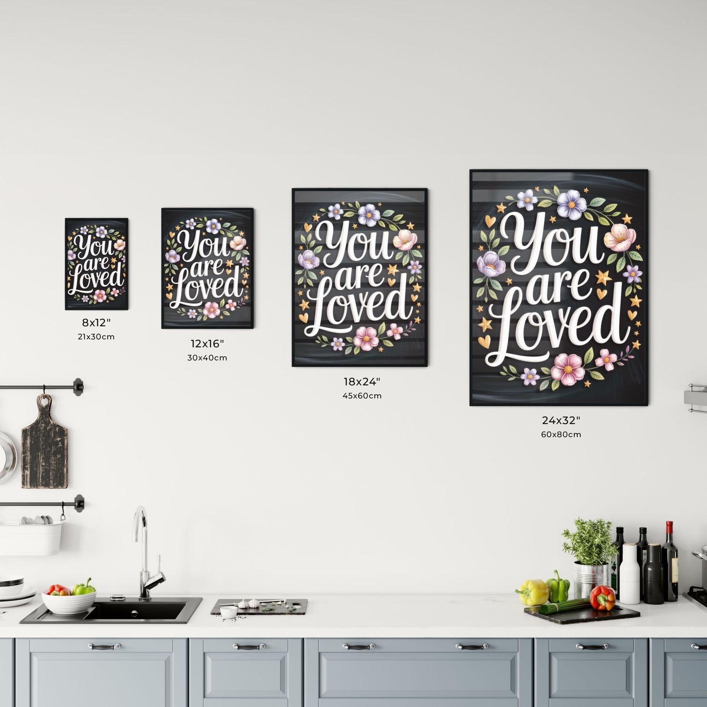 Beautiful Floral Typography Artwork: 'You Are Loved' on a Dark Background for Inspirational Home Decor. Chart