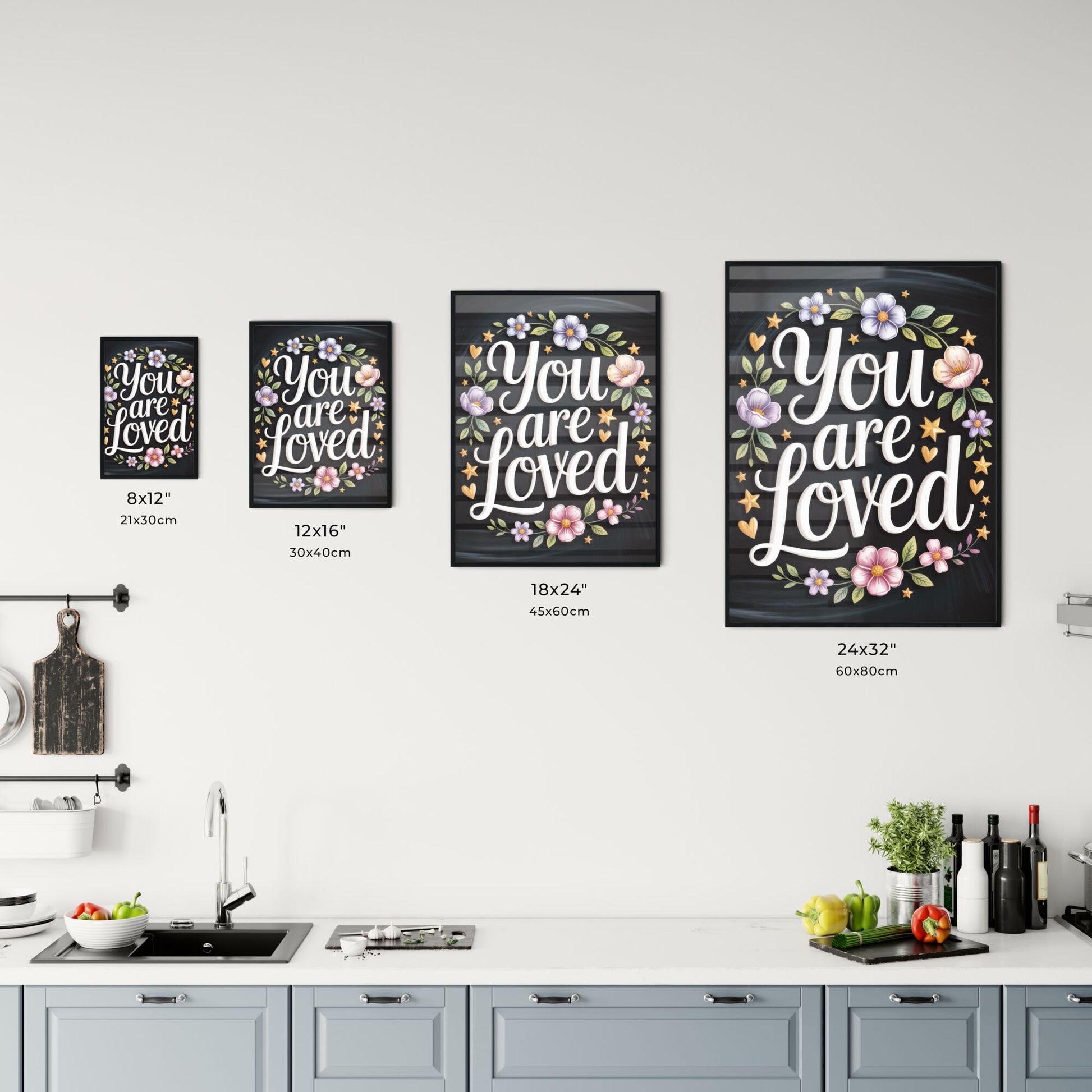 Beautiful Floral Typography Artwork: 'You Are Loved' on a Dark Background for Inspirational Home Decor. Chart