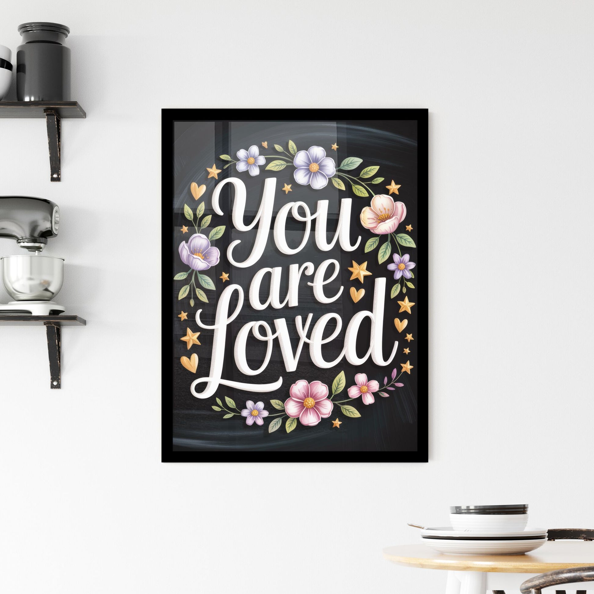 Beautiful Floral Typography Artwork: 'You Are Loved' on a Dark Background for Inspirational Home Decor. Framed Print