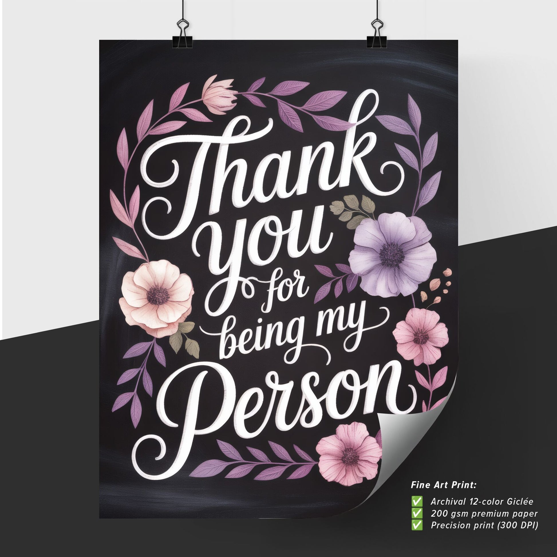 Beautiful Floral Typography Design Expressing Gratitude: 'Thank You for Being My Person'