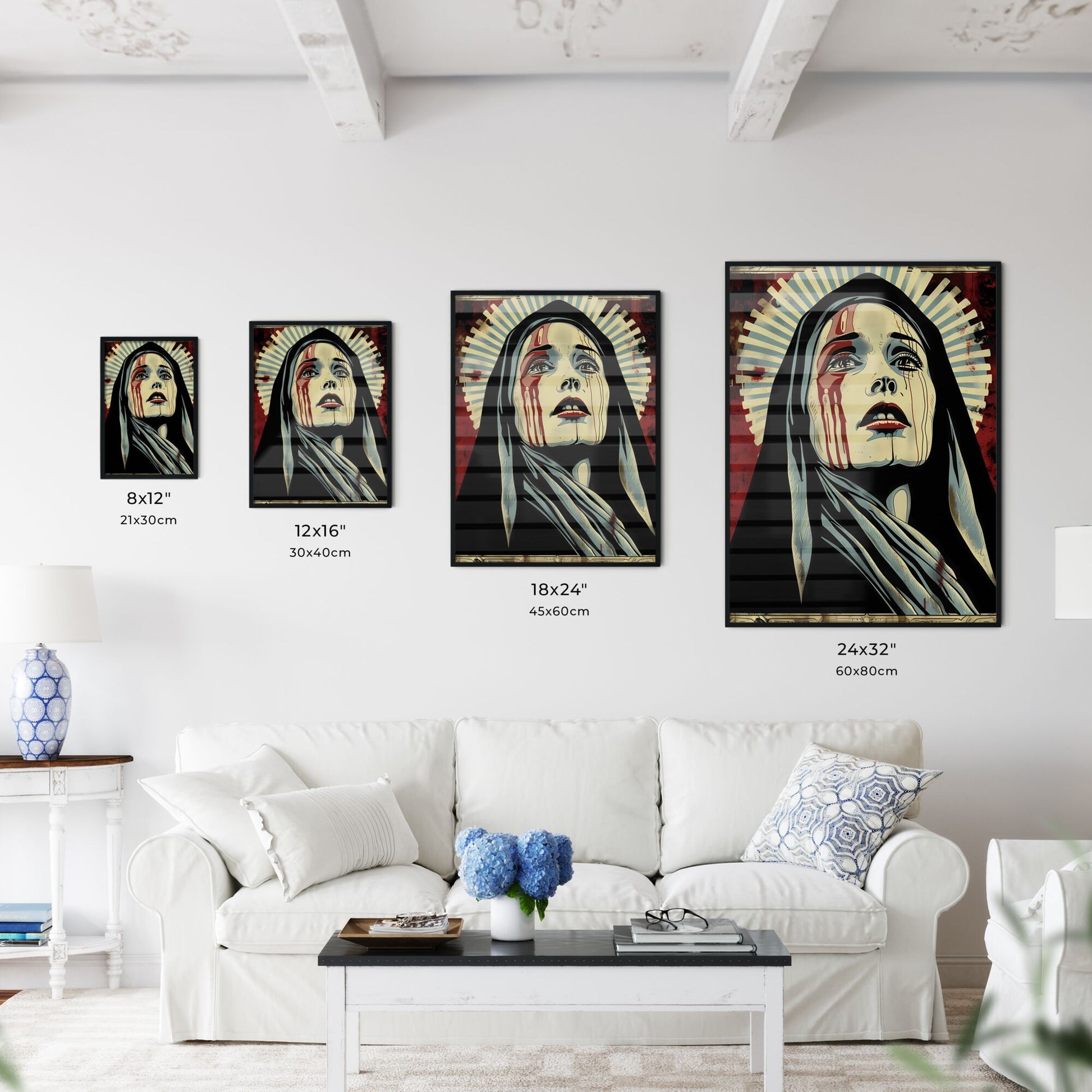 Pop Art Vectorized Religious Occult Gothic Horror Movie Stock Image Concept of Virgin Mary With Blood on Face Default Title