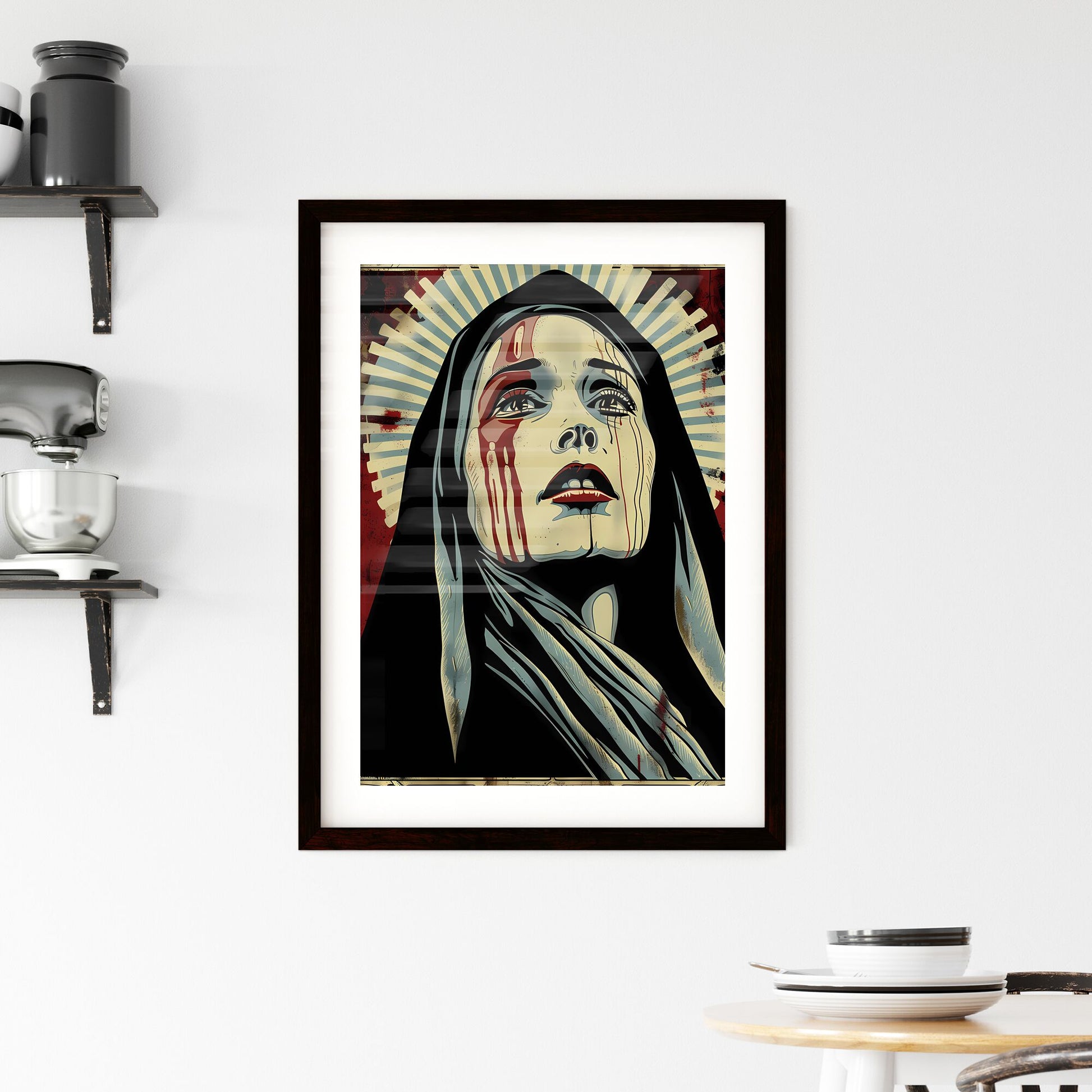 Pop Art Vectorized Religious Occult Gothic Horror Movie Stock Image Concept of Virgin Mary With Blood on Face Default Title