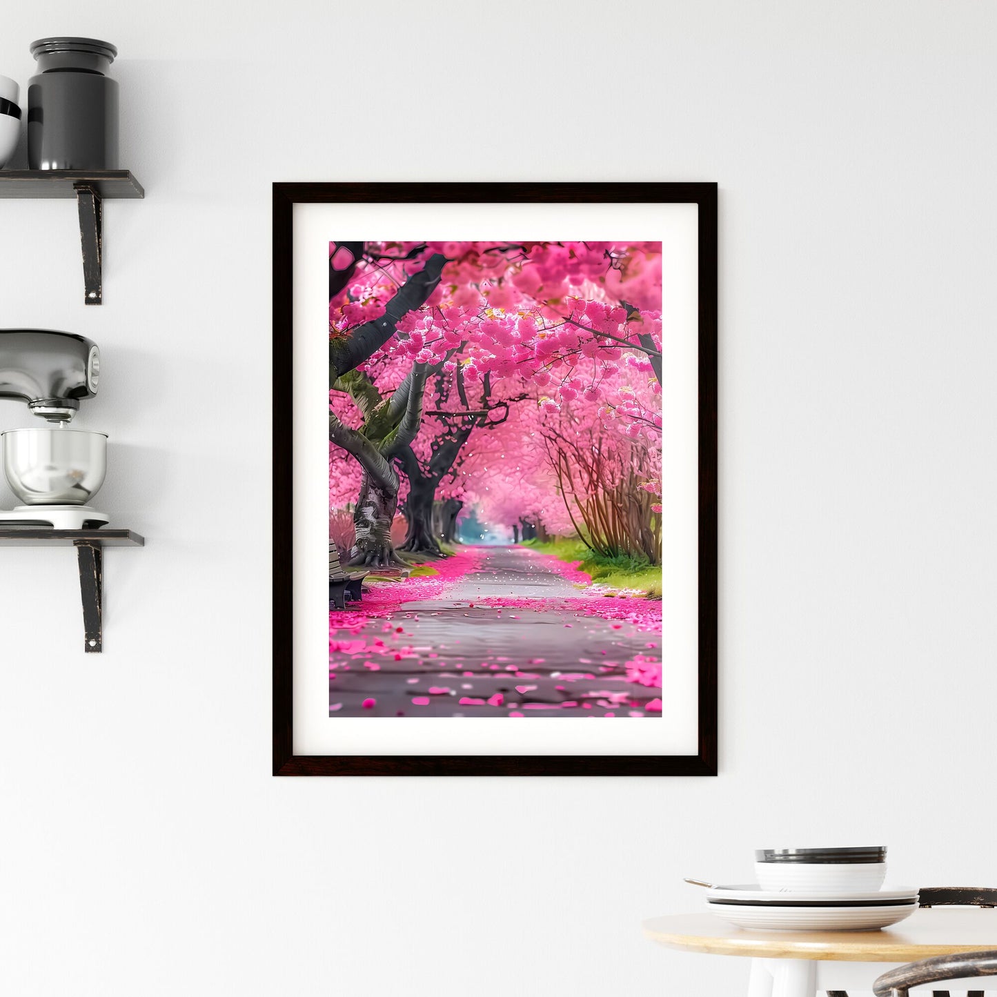 Zen Garden with Cherry Blossom Trees, Serene Spring Scene, Pink Petals, Natural Beauty, Romantic Landscape, Artistic Impression, Path with Flowers Default Title