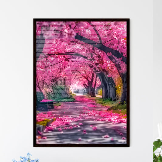 Picturesque landscape of vibrant pink cherry blossom trees with blooming flowers, casting petals on a bench by the road, evoking springtime love and serenity in a stunning nature illustration Default Title