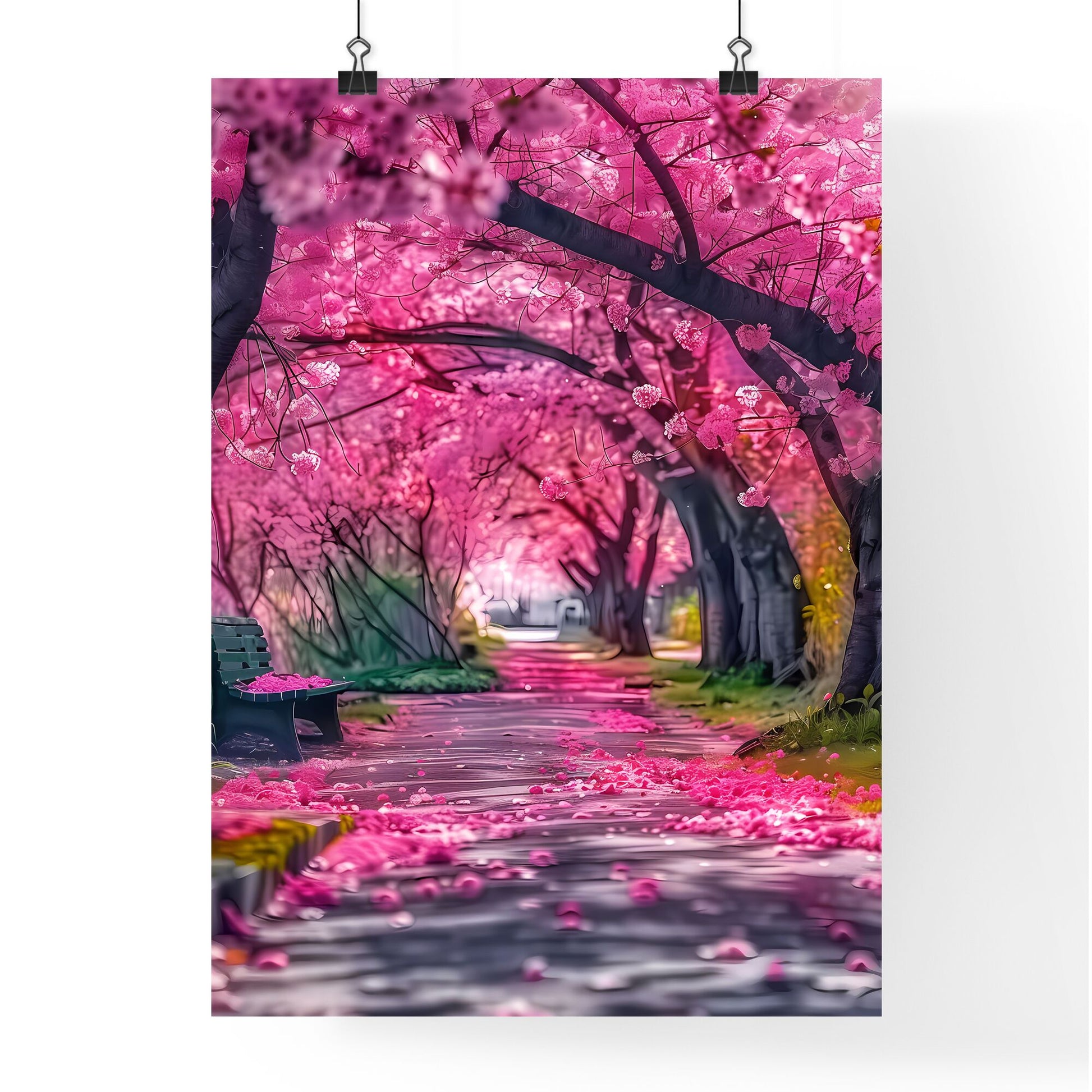 Picturesque landscape of vibrant pink cherry blossom trees with blooming flowers, casting petals on a bench by the road, evoking springtime love and serenity in a stunning nature illustration Default Title