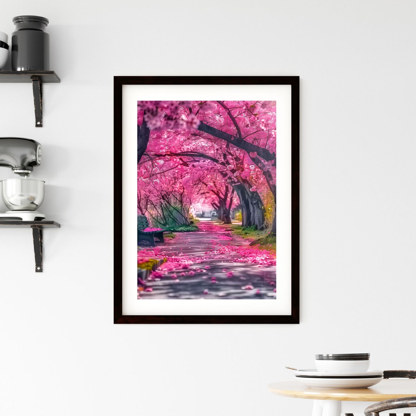 Picturesque landscape of vibrant pink cherry blossom trees with blooming flowers, casting petals on a bench by the road, evoking springtime love and serenity in a stunning nature illustration Default Title