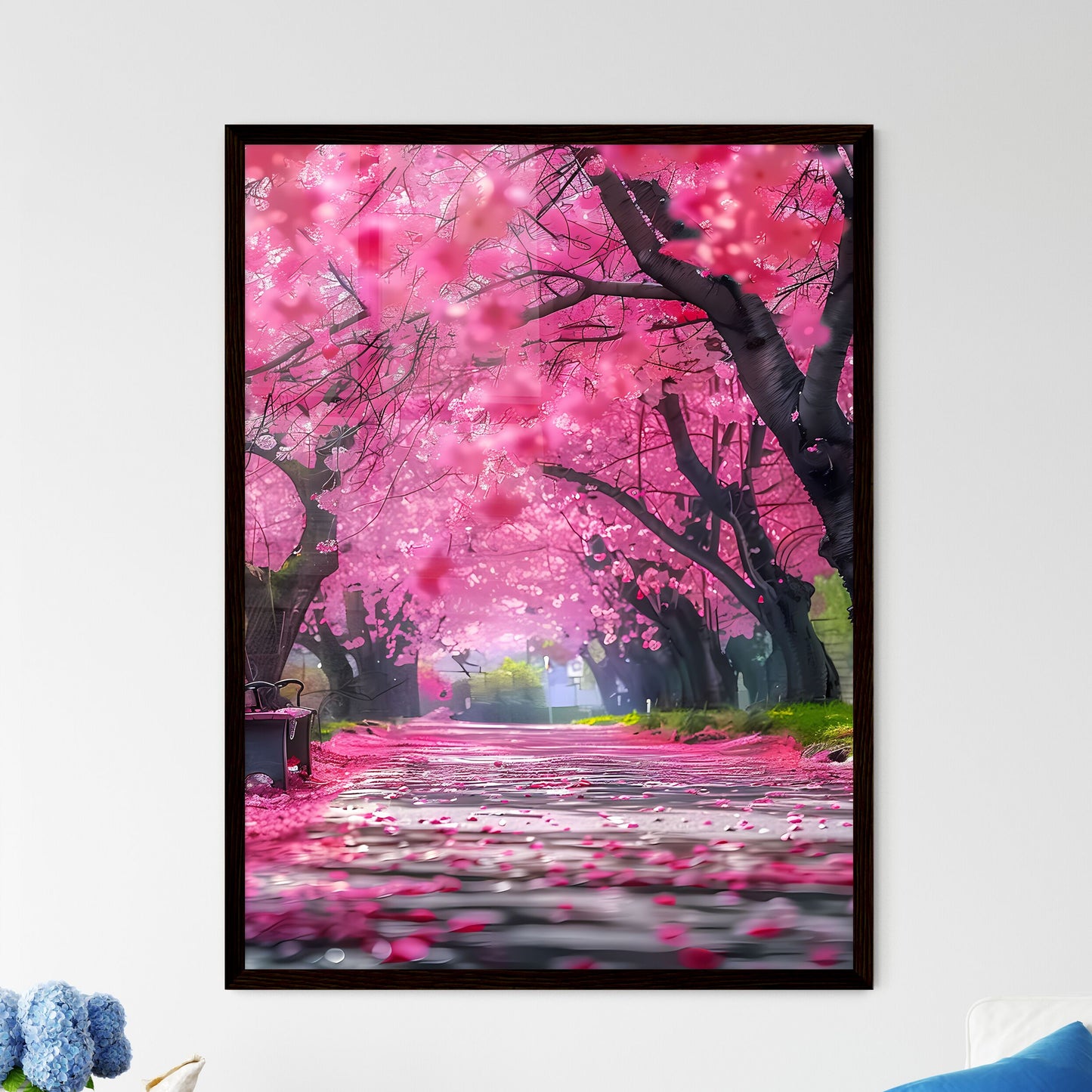 Tranquil Nature Scene: Pink Cherry Blossom Wonderland with Serene Bench, Spring Flowers, and Pink Hues Default Title