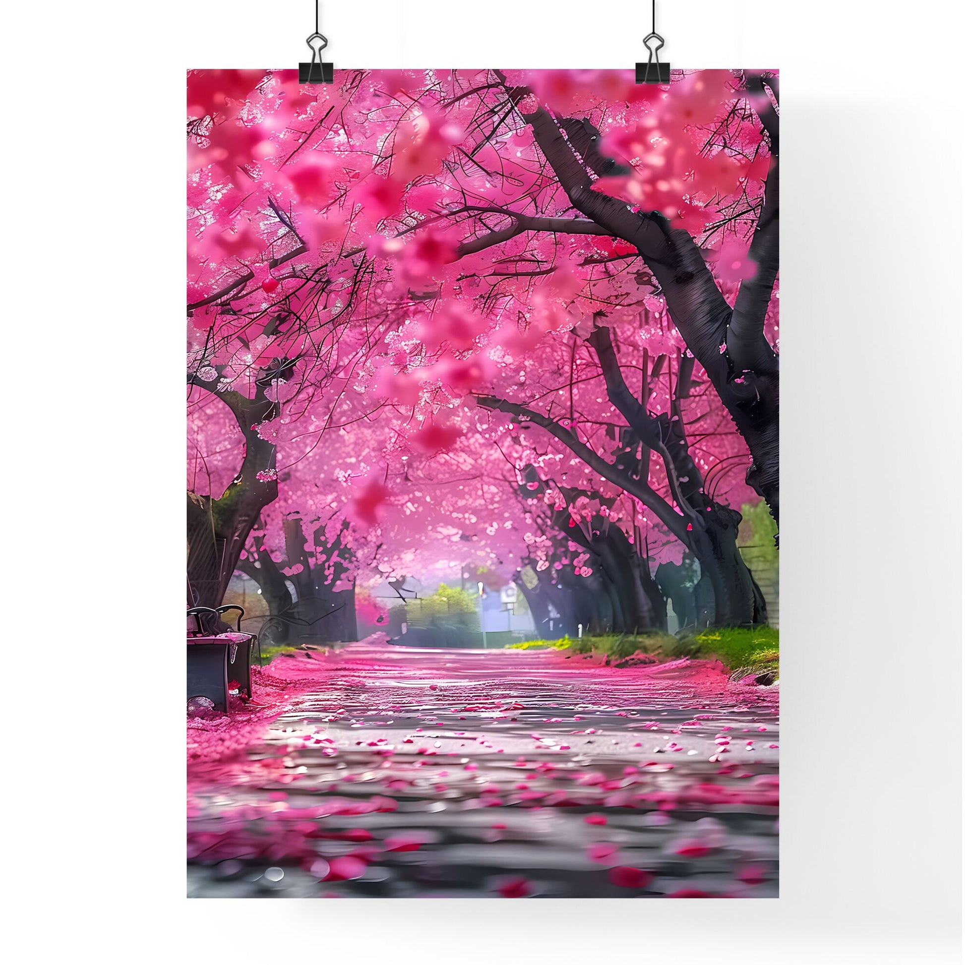 Tranquil Nature Scene: Pink Cherry Blossom Wonderland with Serene Bench, Spring Flowers, and Pink Hues Default Title