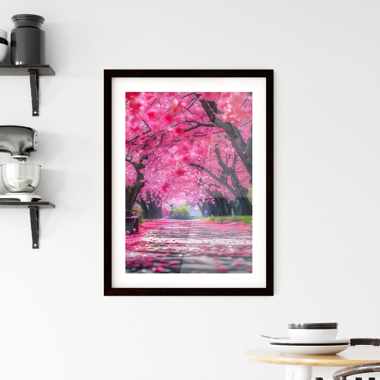 Tranquil Nature Scene: Pink Cherry Blossom Wonderland with Serene Bench, Spring Flowers, and Pink Hues Default Title