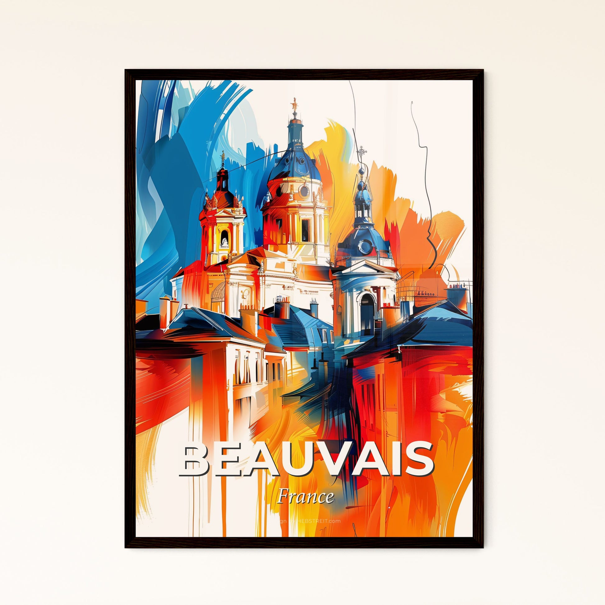 Vibrant Beauvais, France - A Painting Of A Building With Blue And Orange Roofs