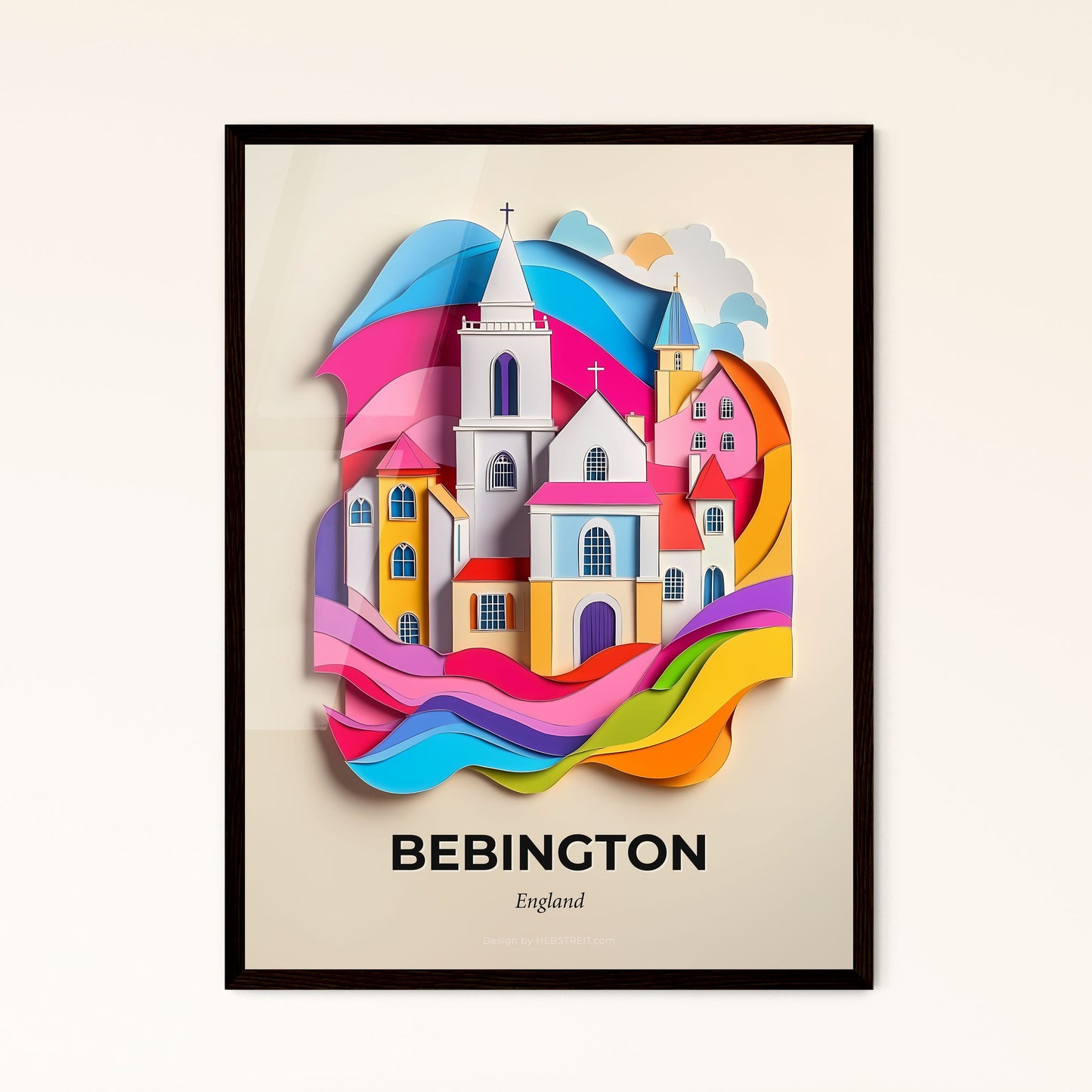 Vivid Bebington, England - a paper cut of a church and a rainbow wave