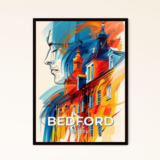 Vibrant Bedford, England - A Painting Of A Man's Face And A Building