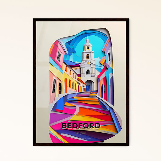 Vivid Bedford, England - a painting of a colorful street with a church