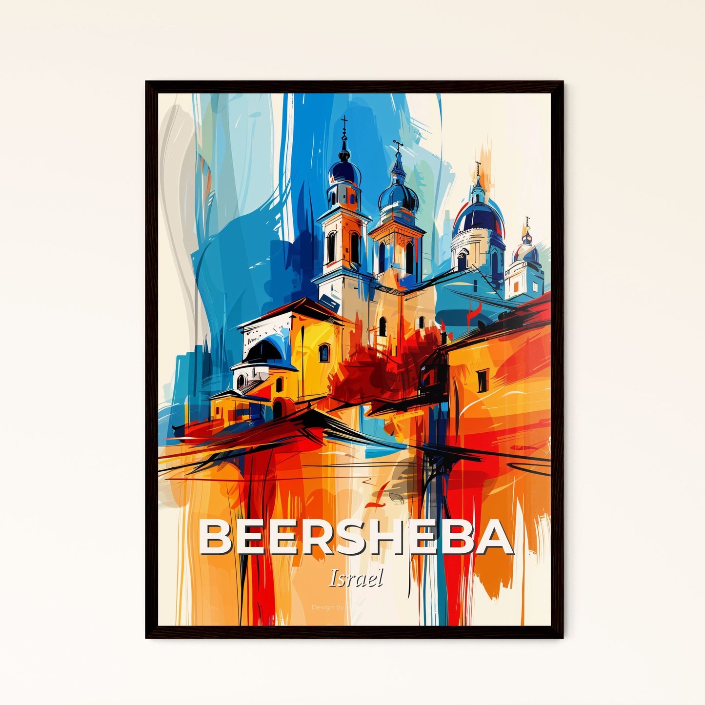 Vibrant Beersheba, Israel - A Painting Of A Building With Towers And A Blue And Orange Background