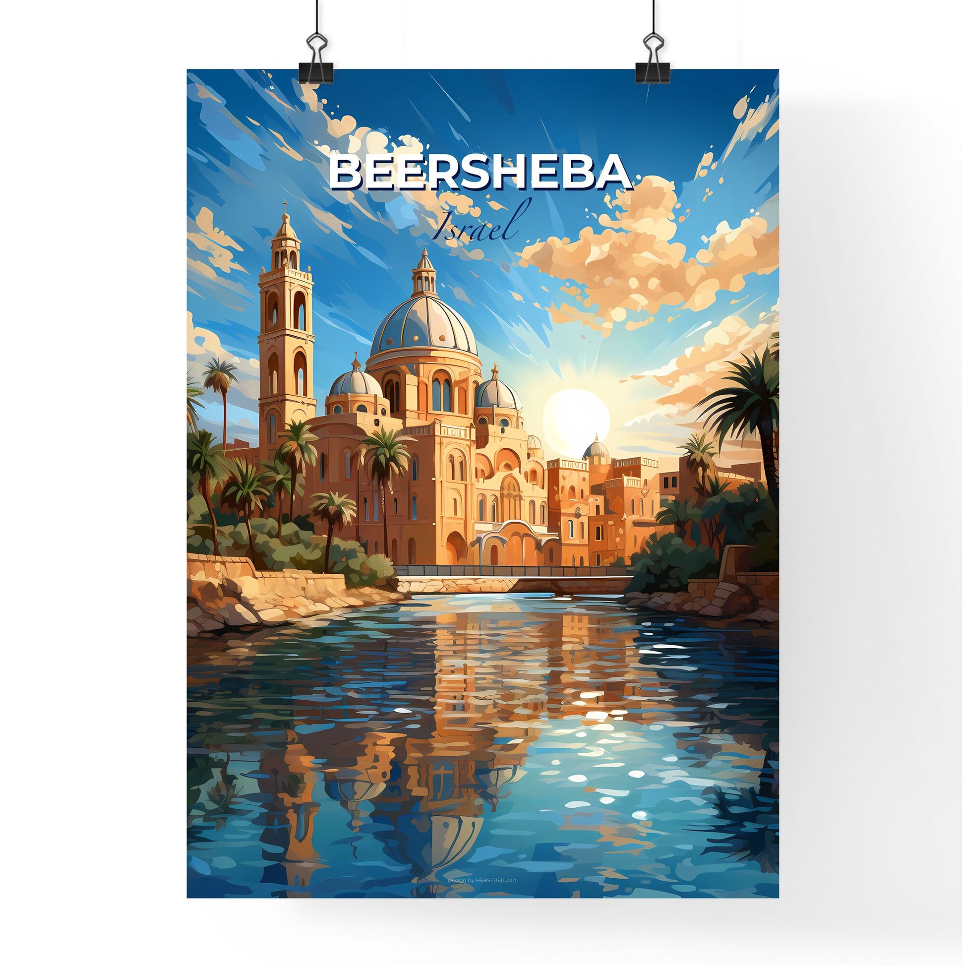 Watercolor Painting Artistic Beersheba Israel Cityscape Skyline River Dome Palm Trees Default Title