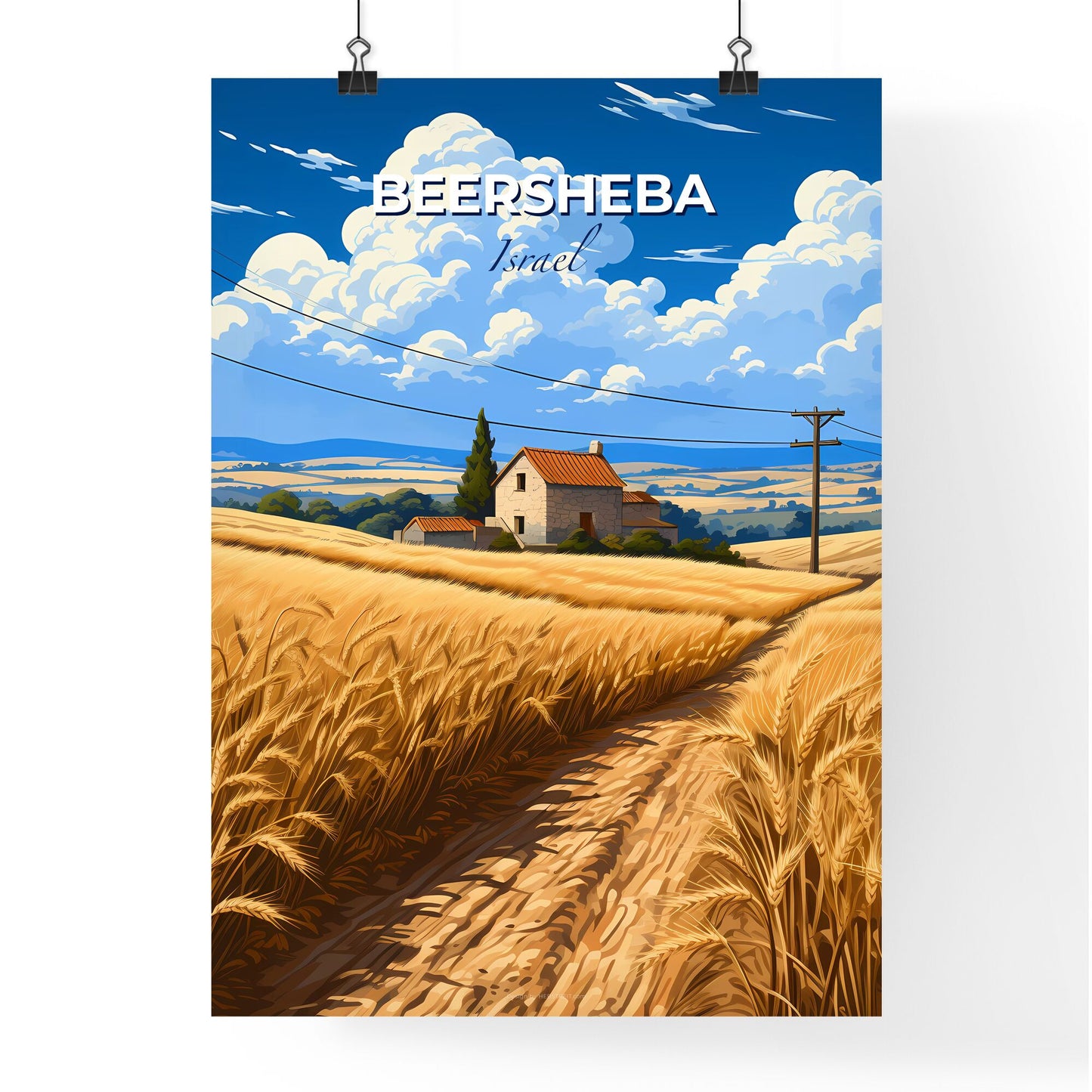 Art Painting of Beersheba Skyline, Israel with Dirt Road Through Wheat Field Default Title