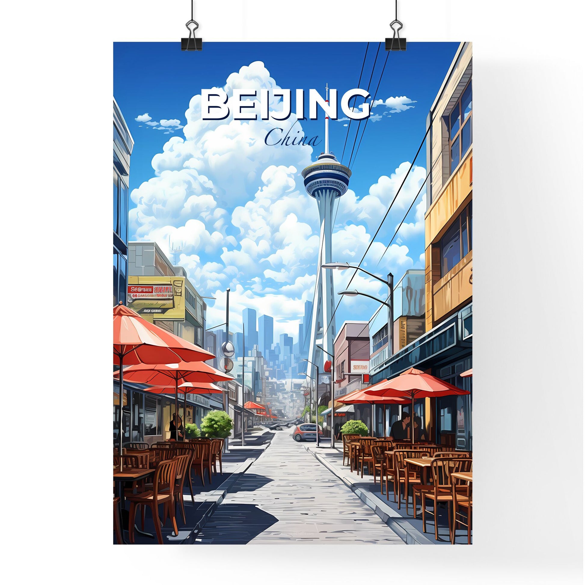 Artistic Beijing Cityscape - Painted Urban Scene with Outdoor Dining and Vibrant Colors Default Title