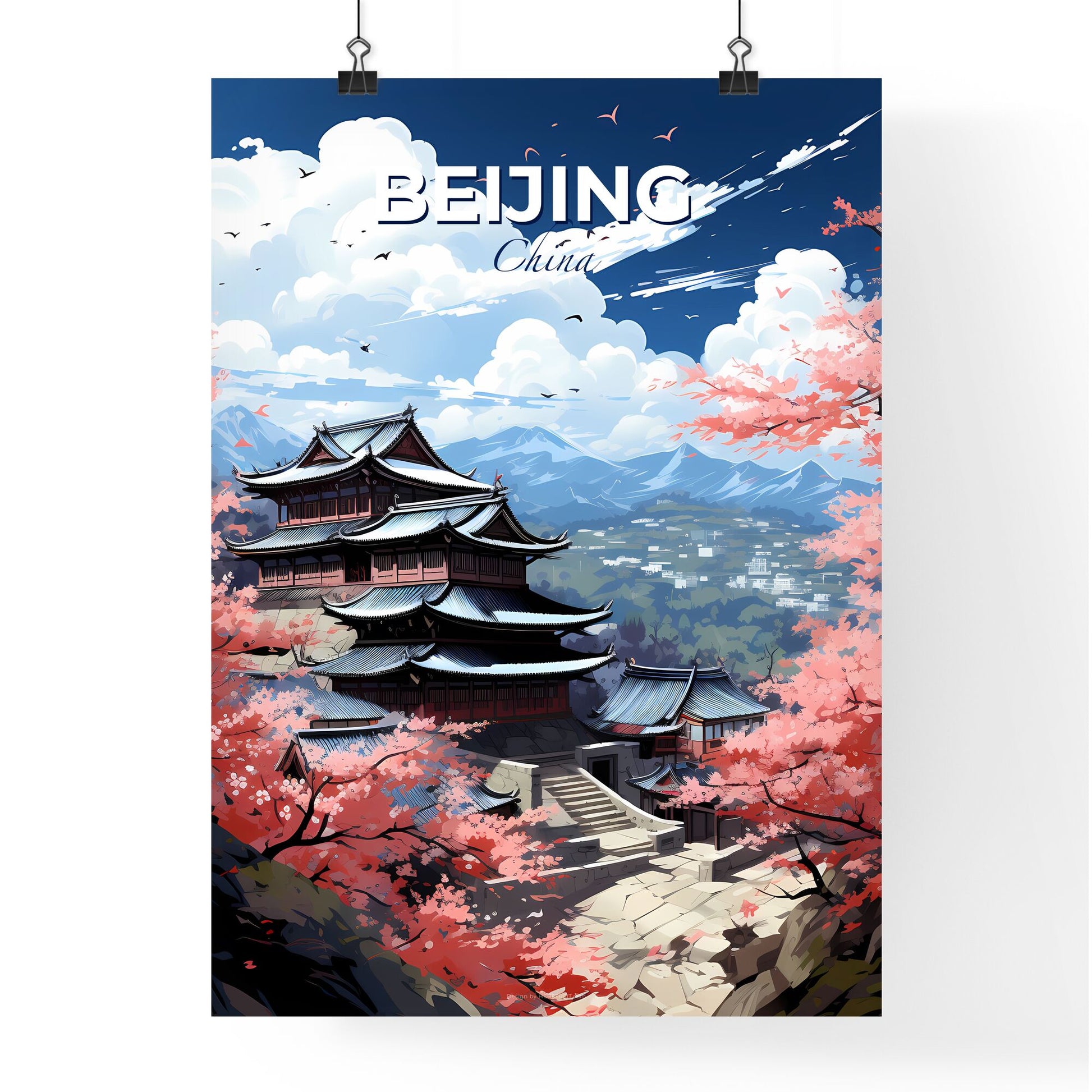 Vibrant Beijing Skyline with Iconic Pagoda, Cherry Blossoms, and Artistic Detail Default Title