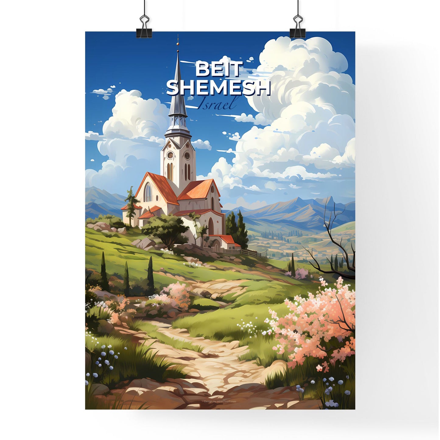Vibrant Artistic Depiction of Beit Shemesh Skyline Featuring a Church on a Hill Amidst Nature Default Title