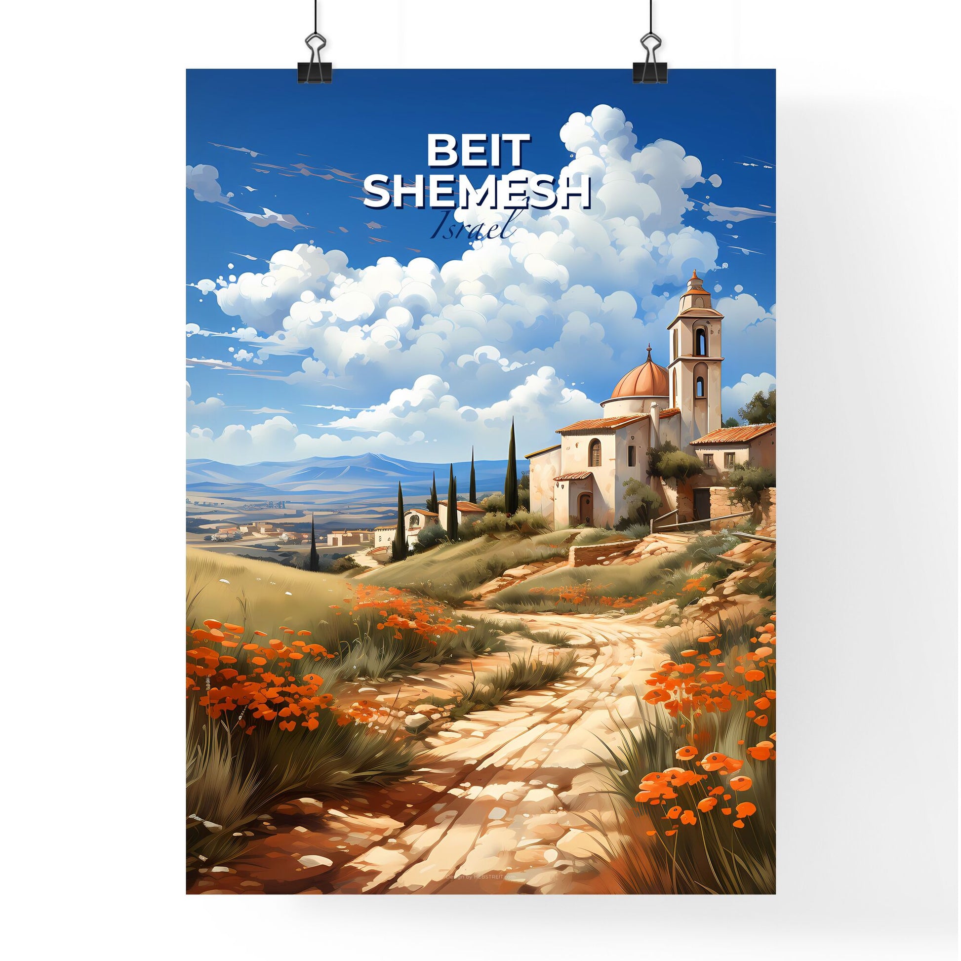 Vibrant Painting of Beit Shemesh Skyline Landscape with Road and Building Default Title