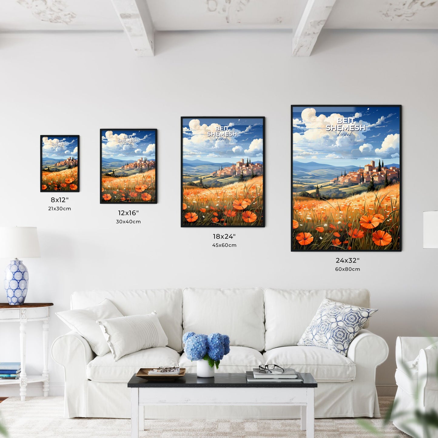 Vibrant Flower Field Landscape with Beit Shemesh City Skyline, Abstract Artistic Painting Default Title