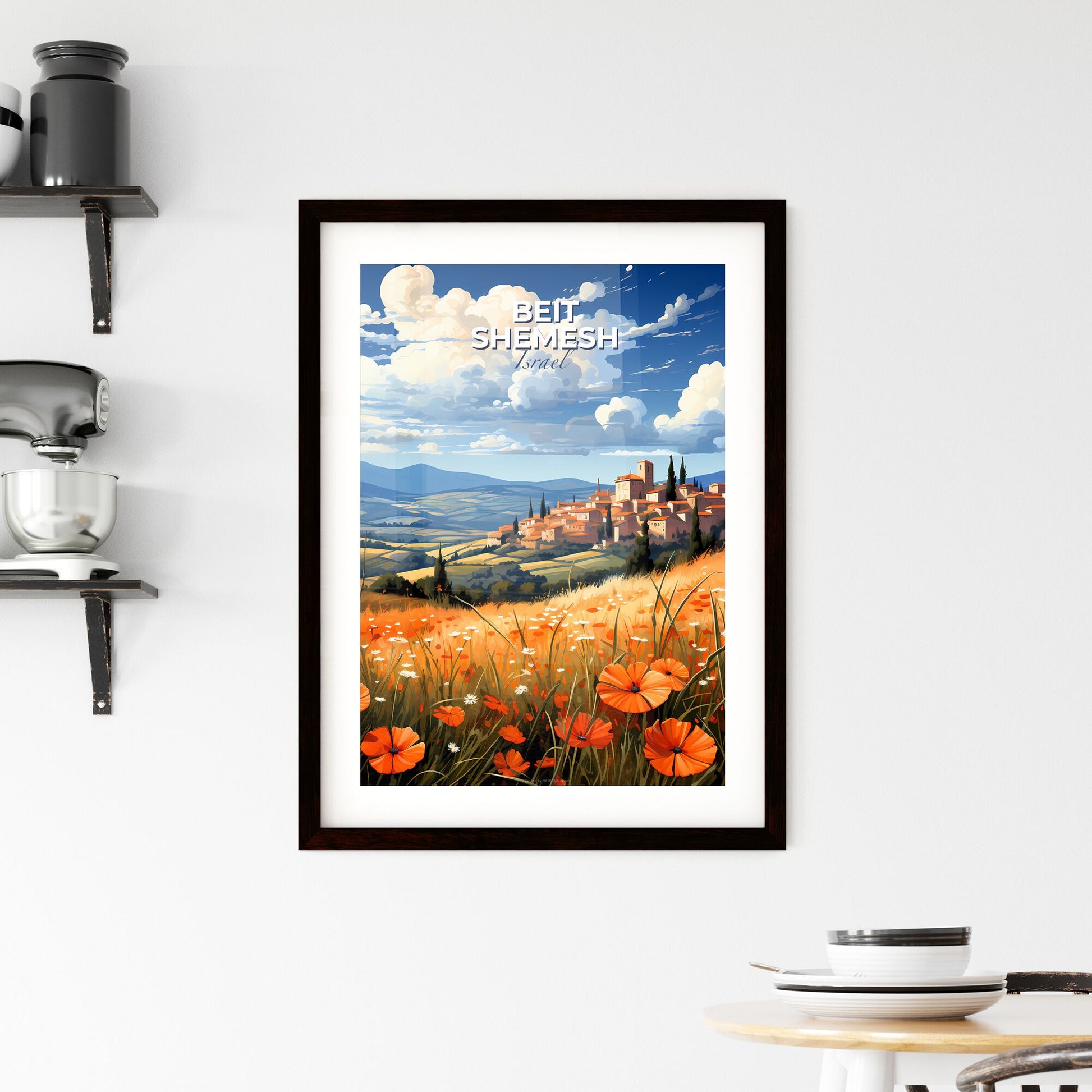 Vibrant Flower Field Landscape with Beit Shemesh City Skyline, Abstract Artistic Painting Default Title