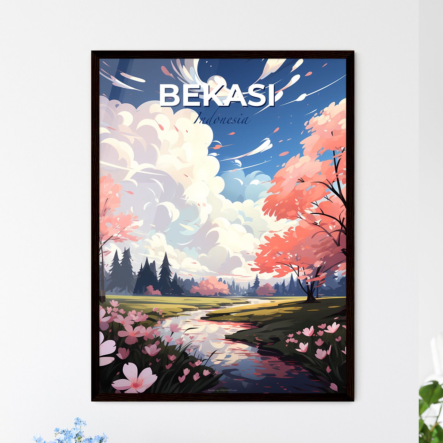 Vibrant Art Print | Bekasi Indonesia Skyline Painting | River | Pink Flowers | Field | Landscape Default Title